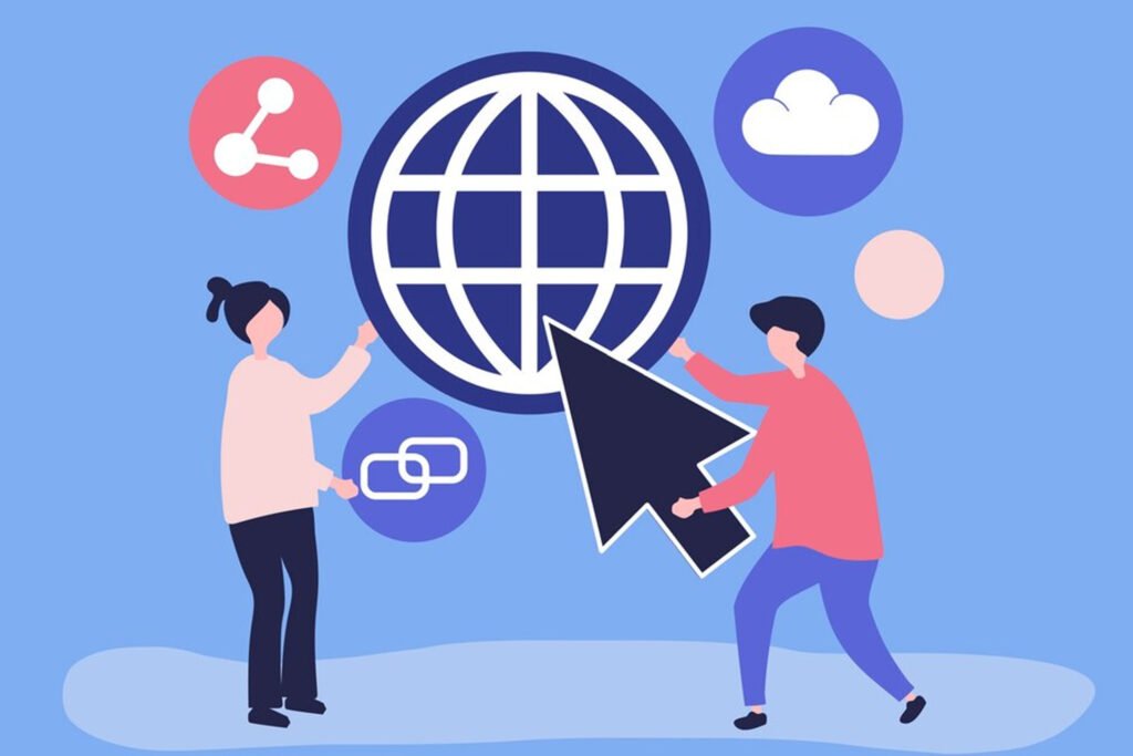 Link building illustration showing people connecting to a website network