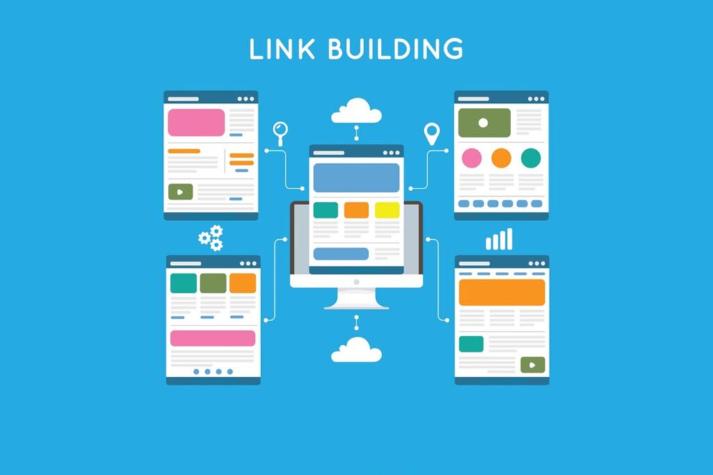 "Link Building" illustration with a computer connected to webpage icons